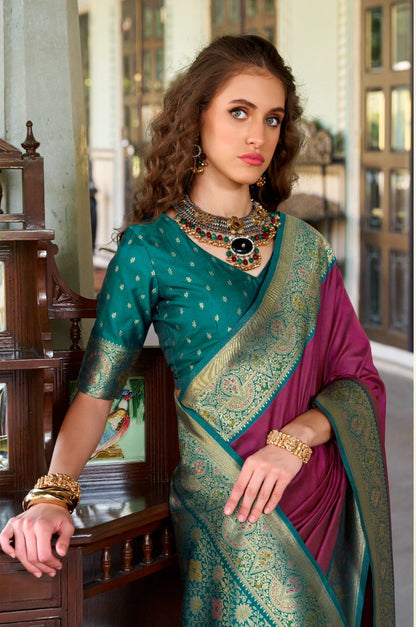 Anaita Wine Soft Silk Zari Weaving Saree With Blouse Piece