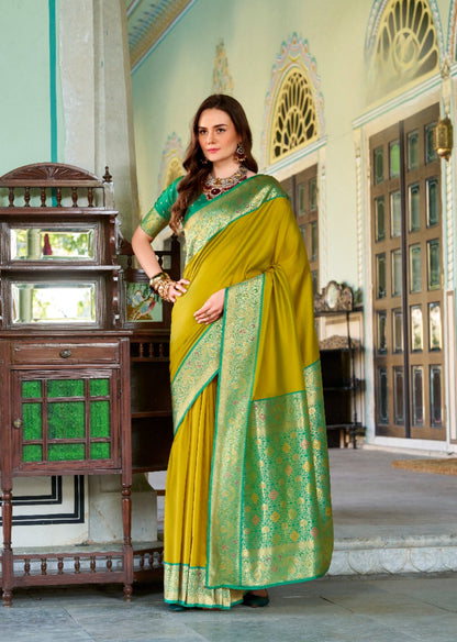 Anaita Mustard Soft Silk Zari Weaving Saree With Blouse Piece