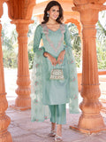 Tikhi Imli Sea Green Floral Embroidered Regular Pure Cotton Kurta & Trousers With Dupatta