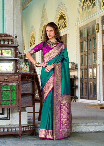 Anaita Teal Soft Silk Zari Weaving Saree With Blouse Piece