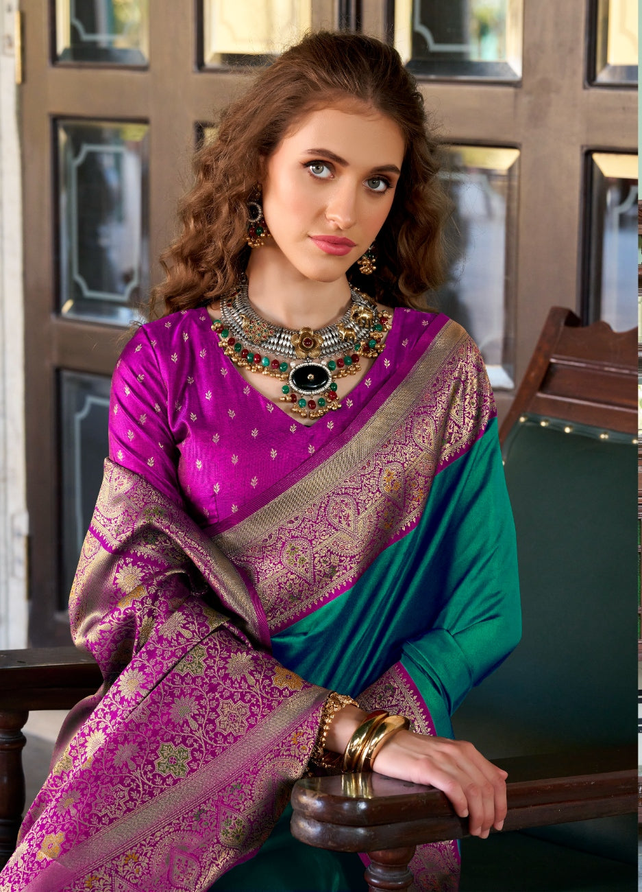 Anaita Teal Soft Silk Zari Weaving Saree With Blouse Piece