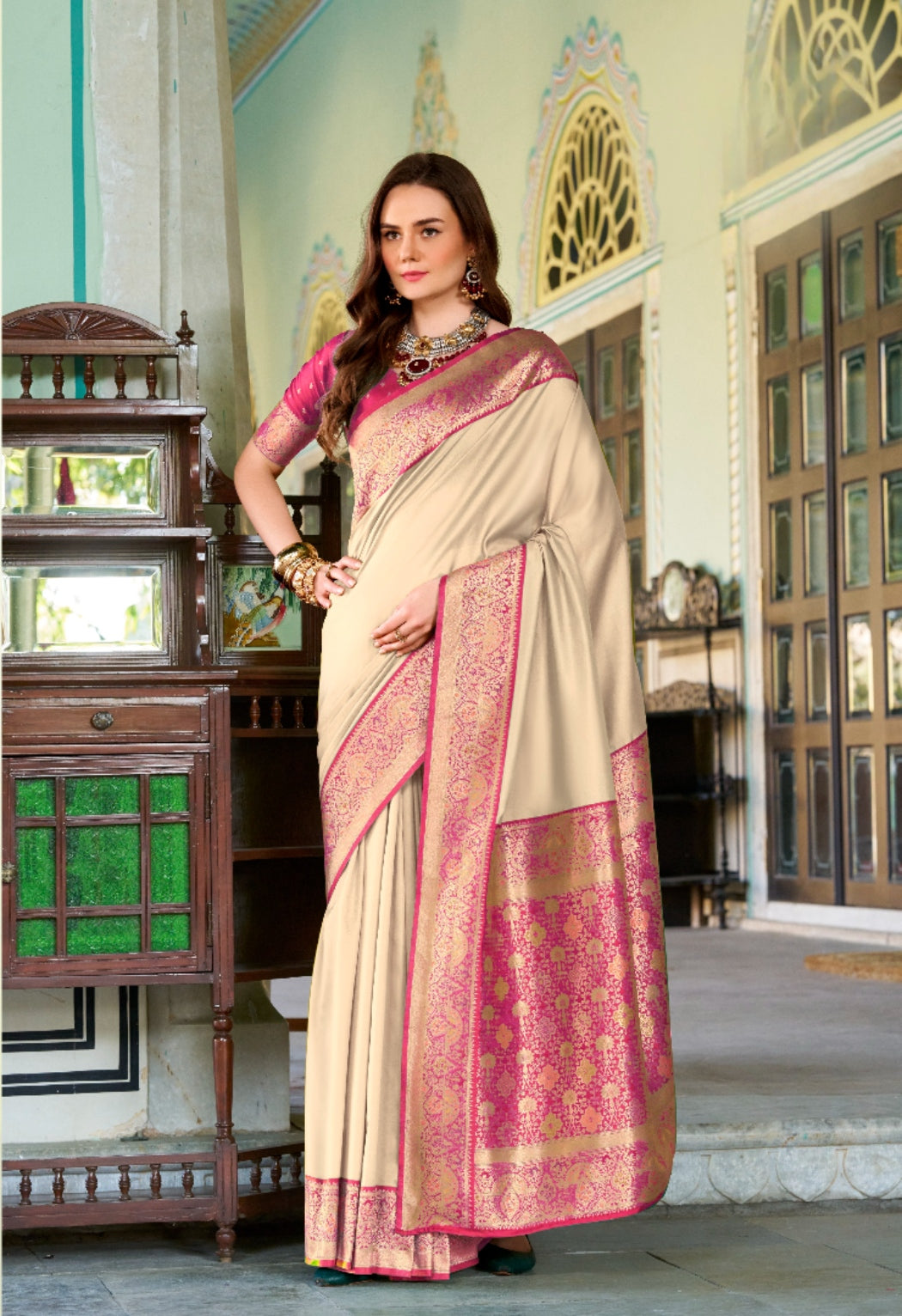 Anaita Beige Soft Silk Zari Weaving Saree With Blouse Piece