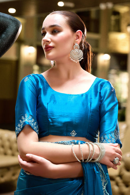 Vastranavya Sea Blue Embroidery Work Shimmer Chiffon Saree with Unstitched Blouse