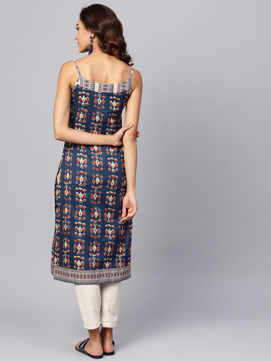 Anayna Women Navy Blue & Rust Orange Printed Straight Kurta