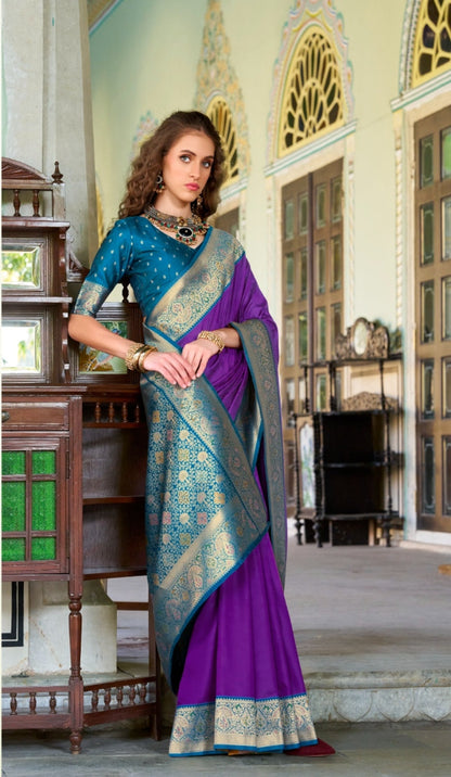 Anaita Violet Soft Silk Zari Weaving Saree With Blouse Piece