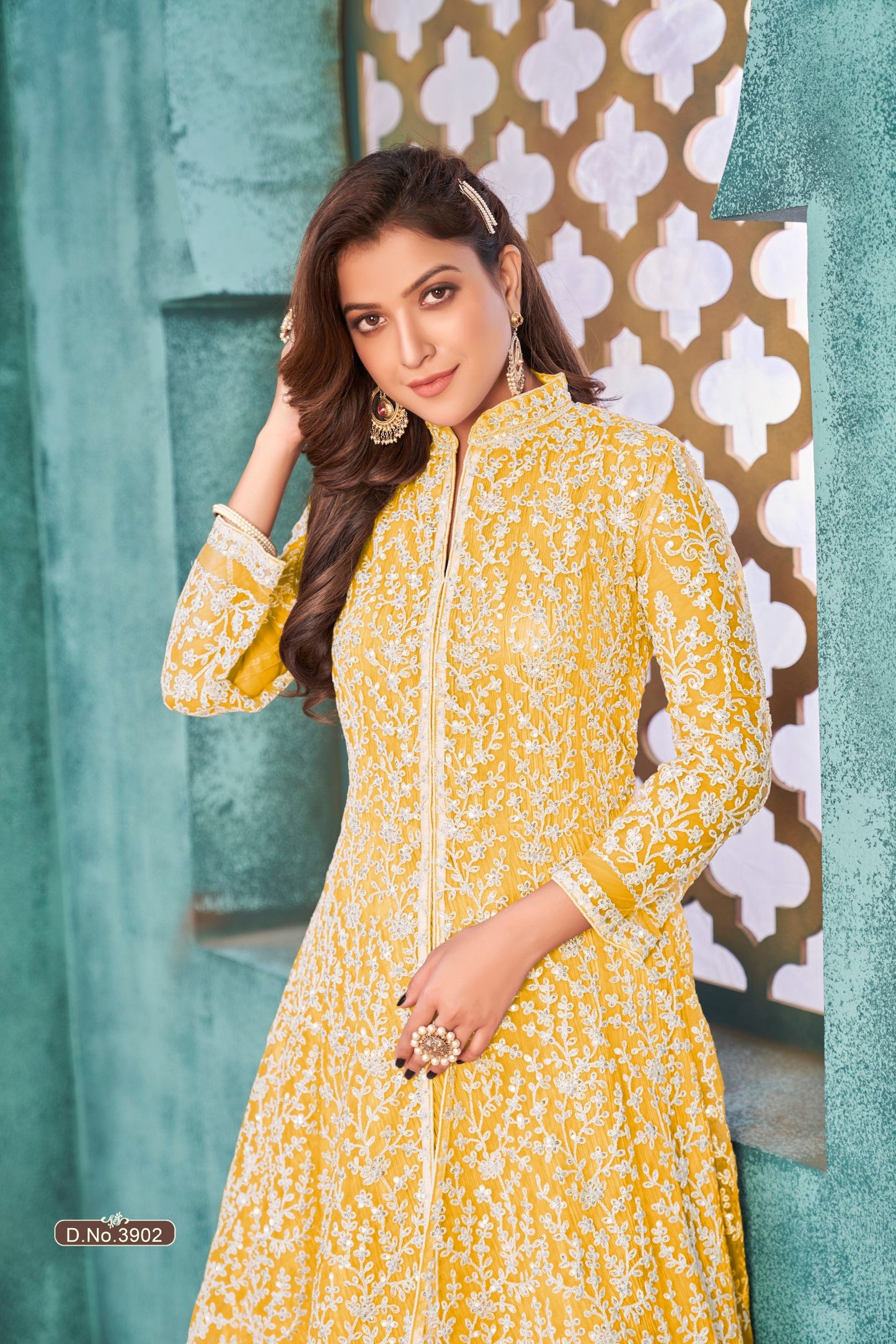 Anaita Yellow Embroidered Net Anarkali Suit