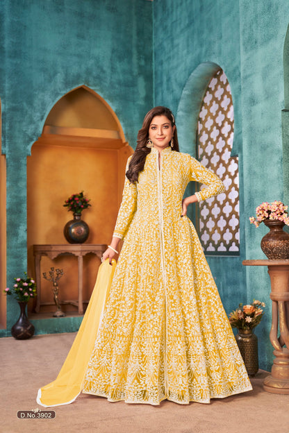 Anaita Yellow Embroidered Net Anarkali Suit