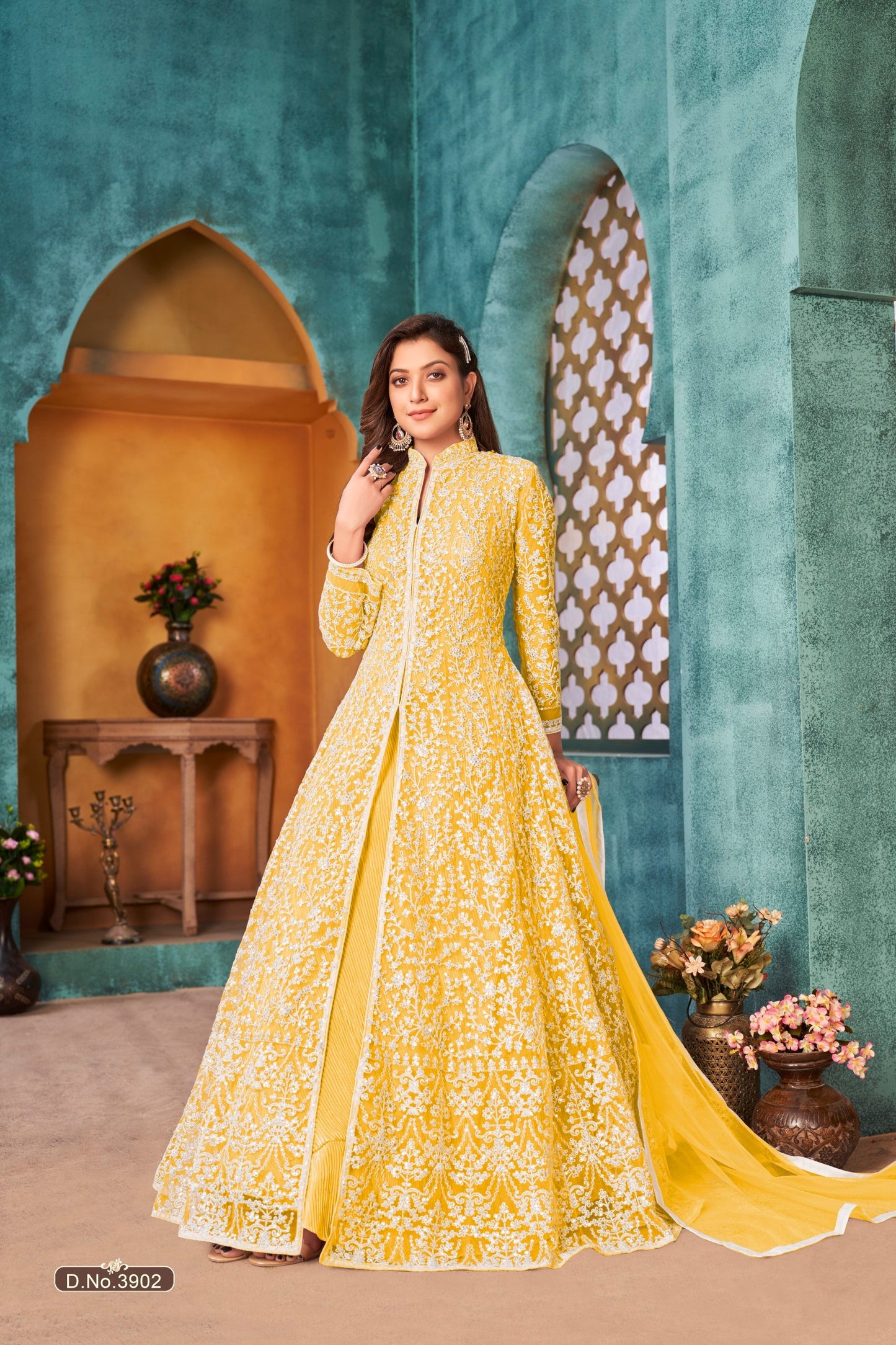 Anaita Yellow Embroidered Net Anarkali Suit