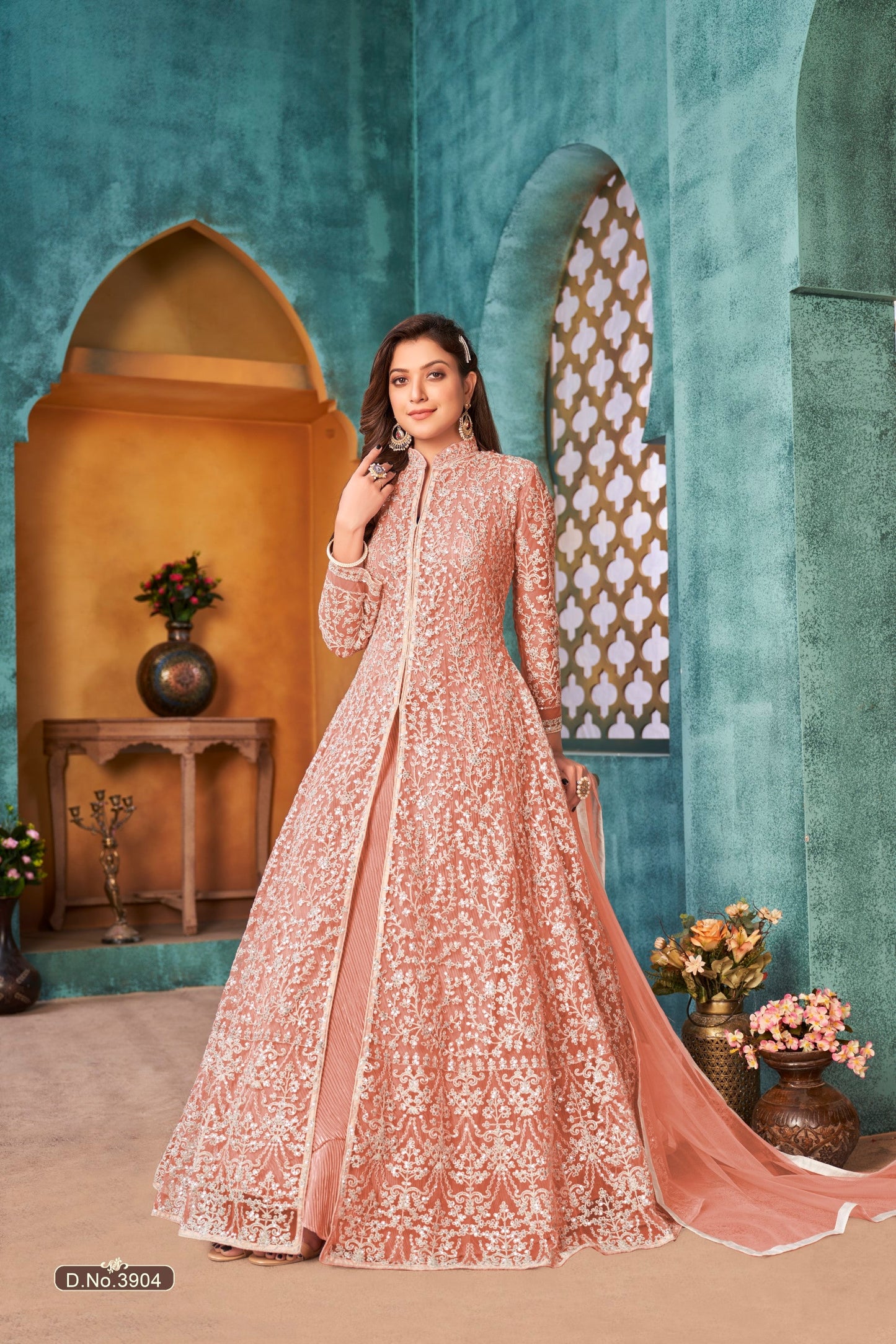 Anaita Peach Embroidered Net Anarkali Suit