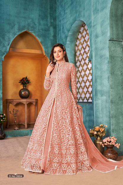 Anaita Peach Embroidered Net Anarkali Suit