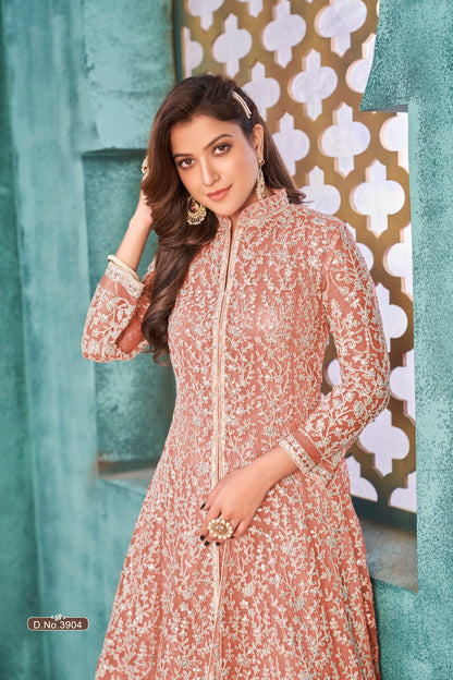 Anaita Peach Embroidered Net Anarkali Suit