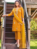 Tikhi Imli Embroidered Notched Neck Thread Work Kurta With Trousers & Dupatta