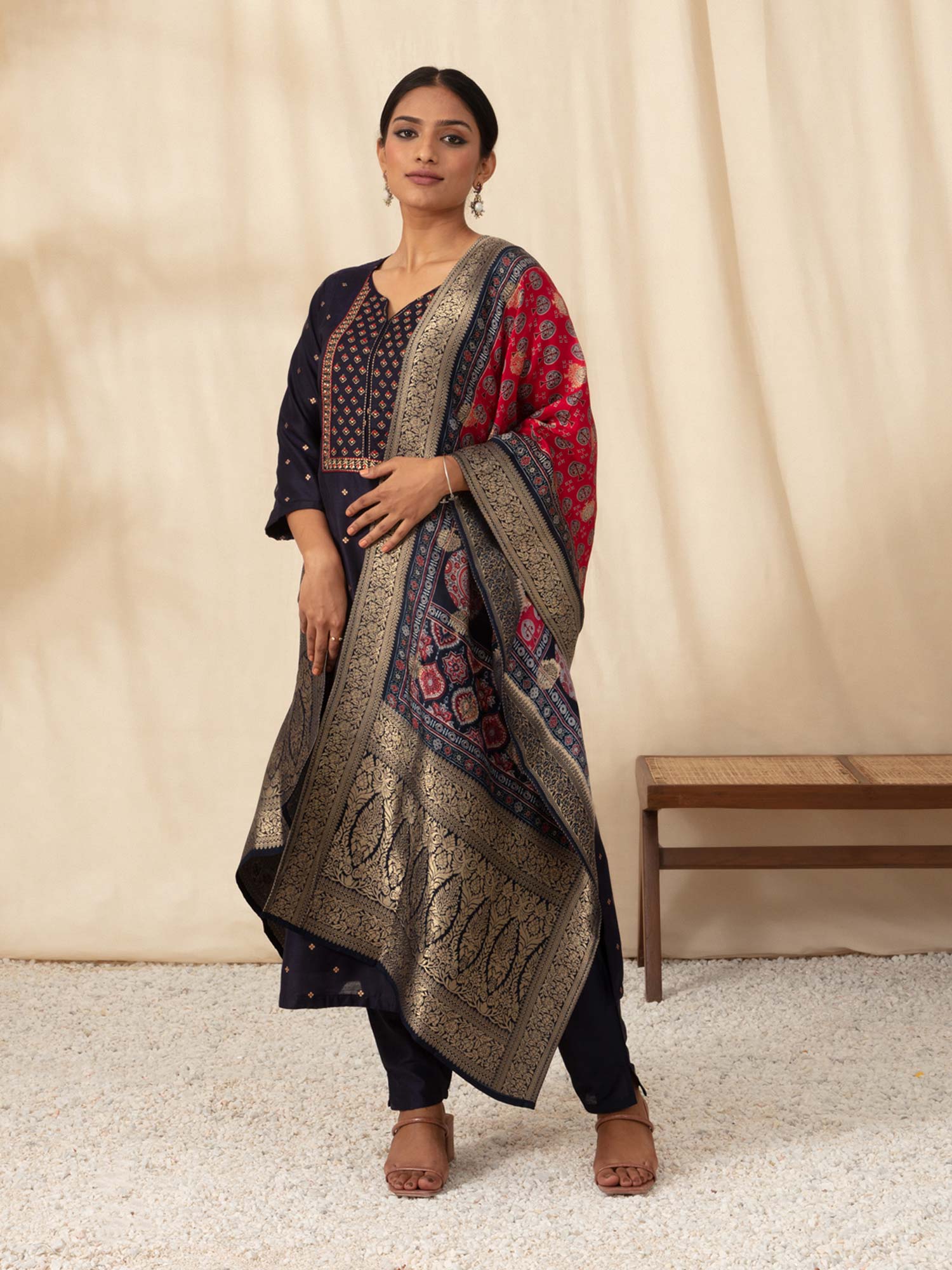Likha Navy Embroidered Kurta Pant set with Brocade Dupatta LIKSKD52 (Set of 3) - M