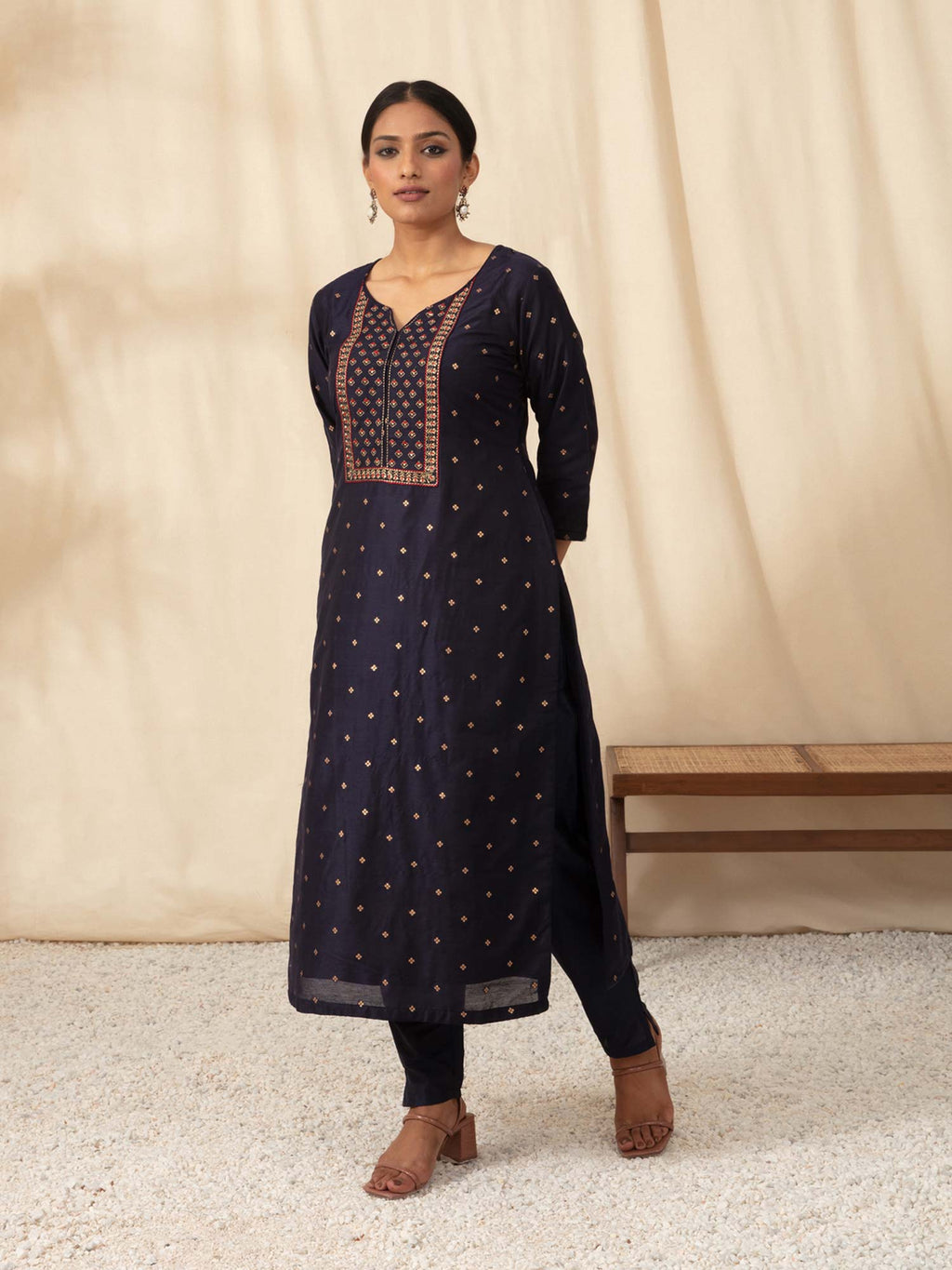 Likha Navy Embroidered Kurta Pant set with Brocade Dupatta LIKSKD52 (Set of 3) - M