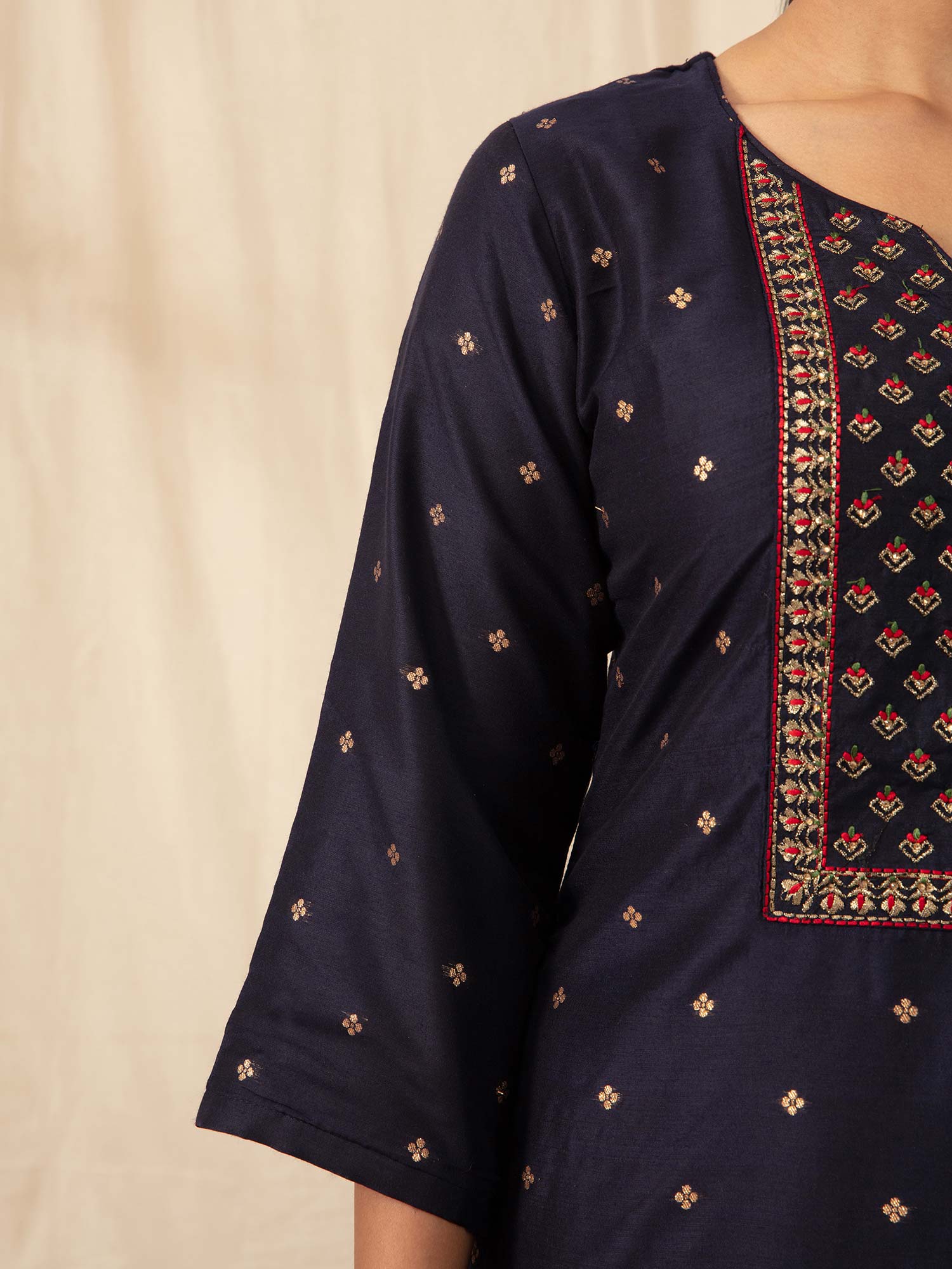Likha Navy Embroidered Kurta Pant set with Brocade Dupatta LIKSKD52 (Set of 3) - M