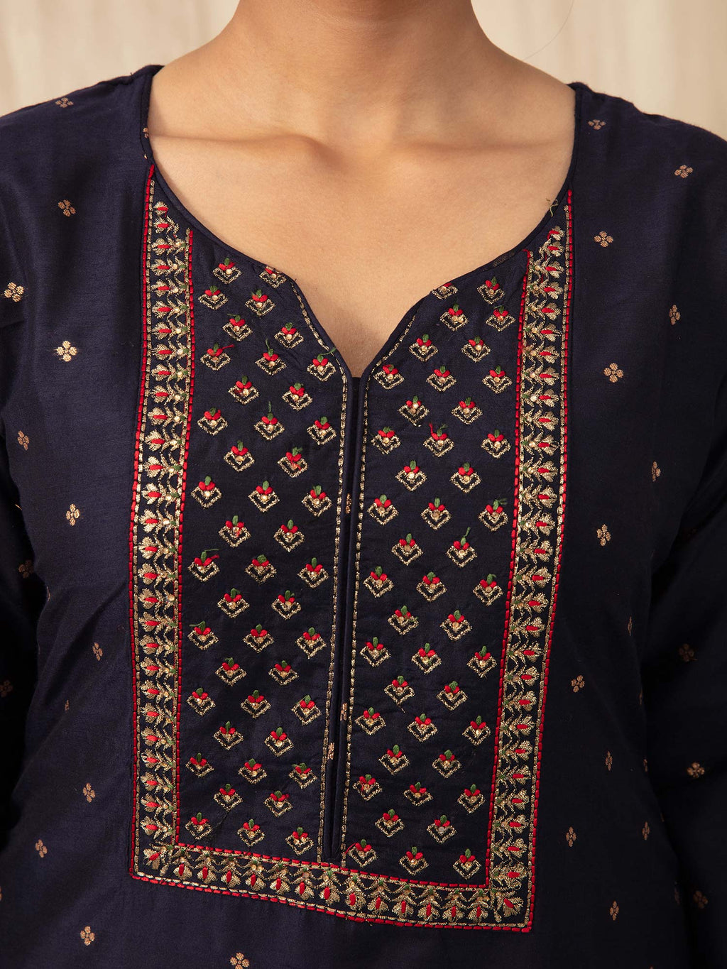 Likha Navy Embroidered Kurta Pant set with Brocade Dupatta LIKSKD52 (Set of 3) - M