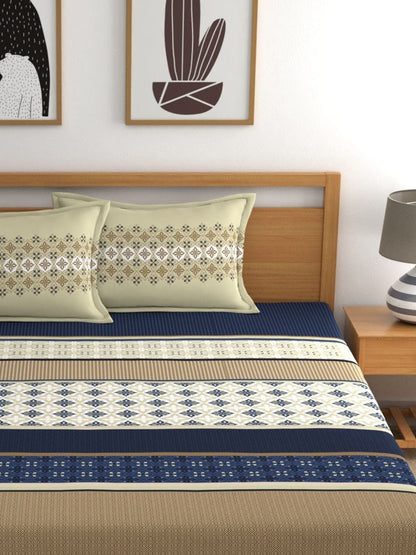 Home Ecstasy Blue & Beige Ethnic Motifs 140 TC King Bedsheet with 2 Pillow Covers