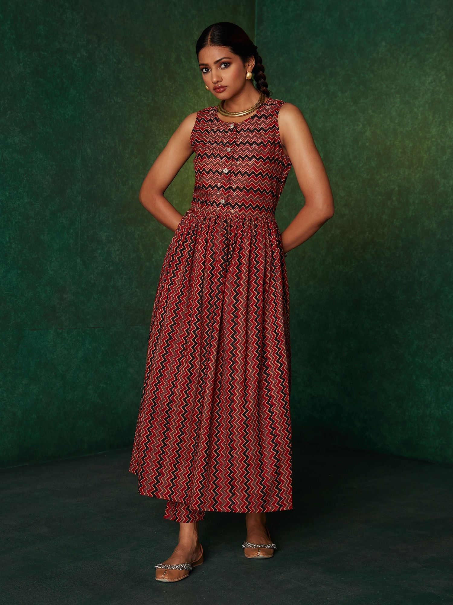 Likha Maroon Rustic Printed with Zari Work Co-ord Set With Jacket LIKSKD144 (Set of 3) - XL