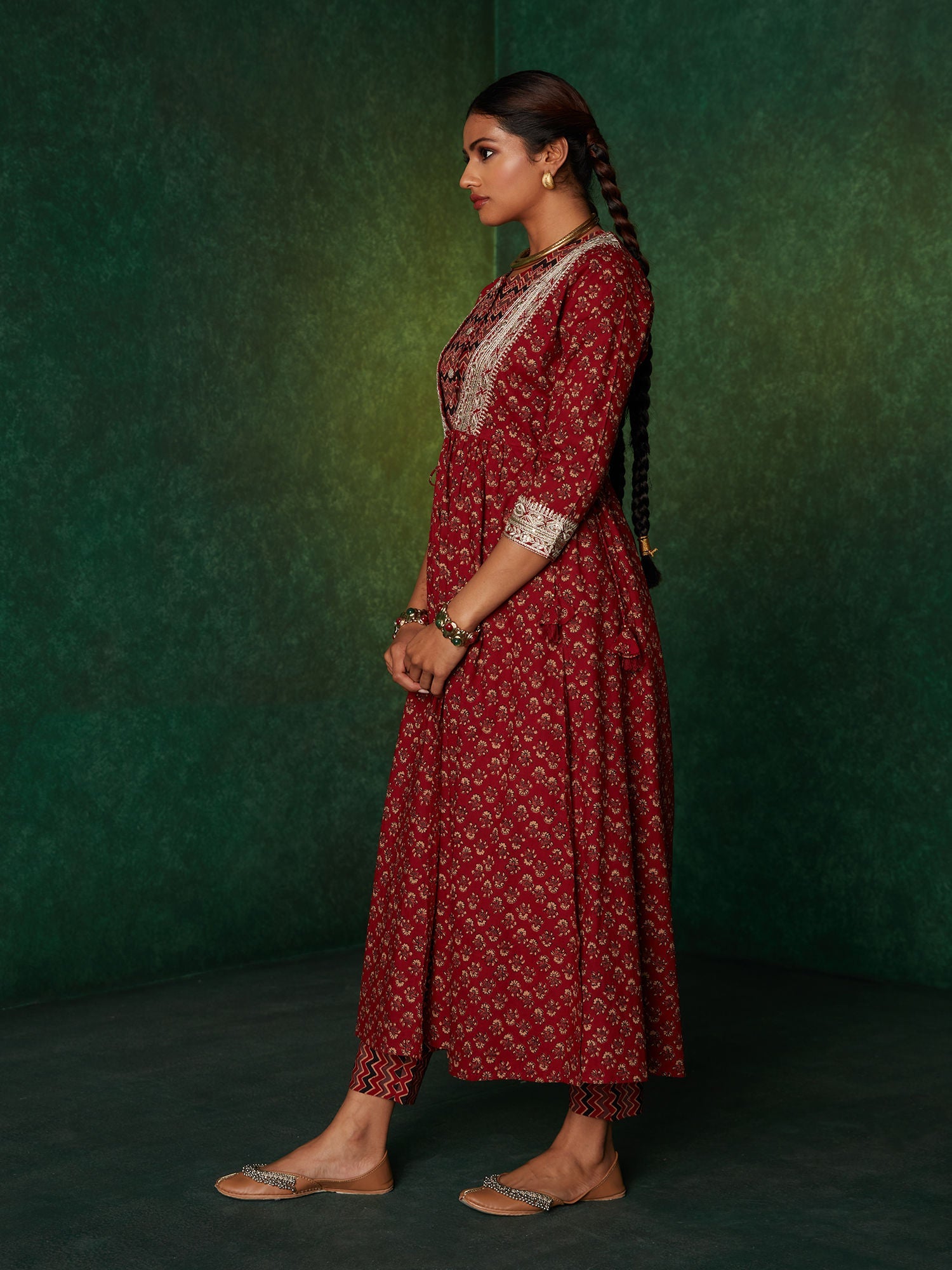 Likha Maroon Rustic Printed with Zari Work Co-ord Set With Jacket LIKSKD144 (Set of 3) - XL