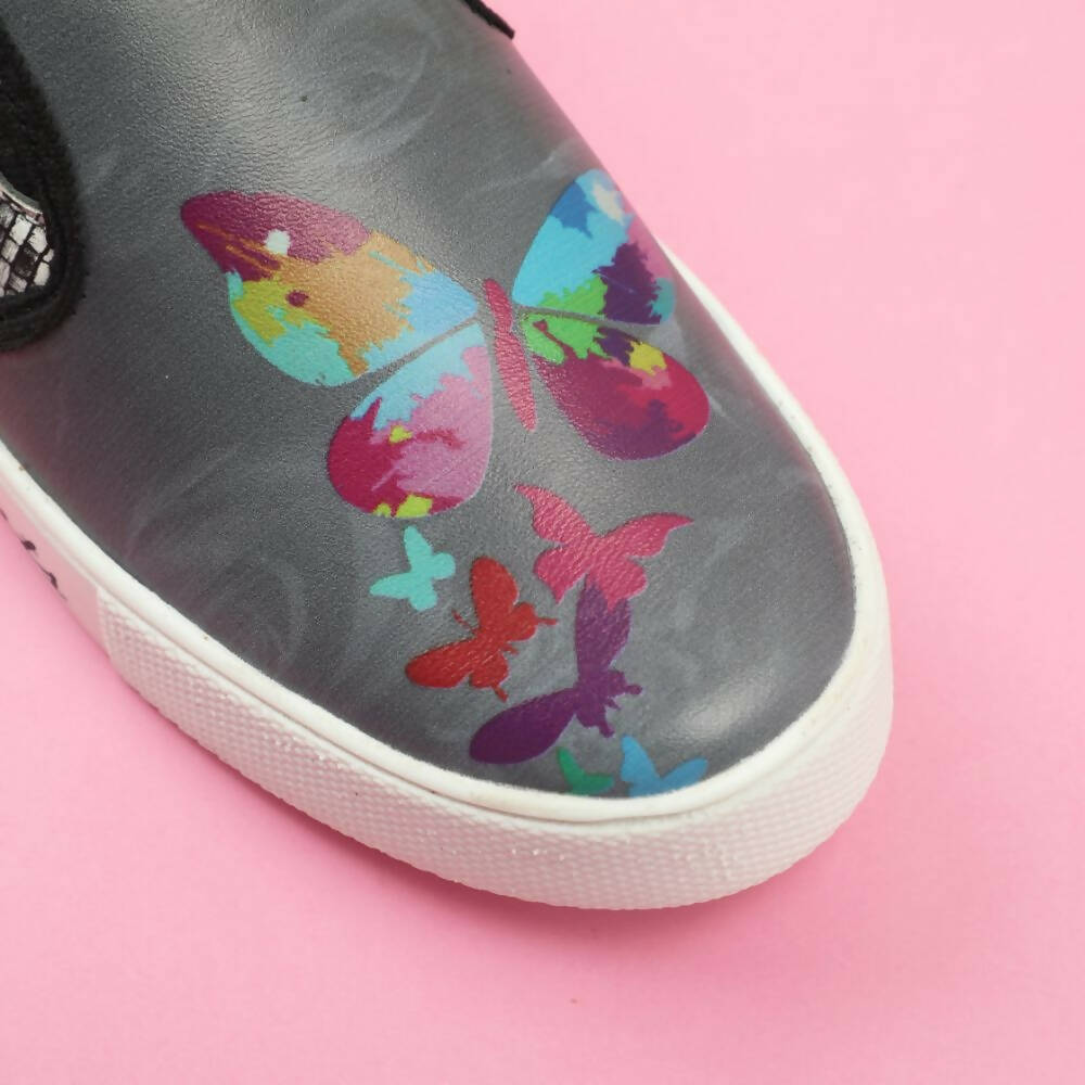 Tiny Bugs Girls Butterfly Print Slip Ons Sneakers - Dark Grey