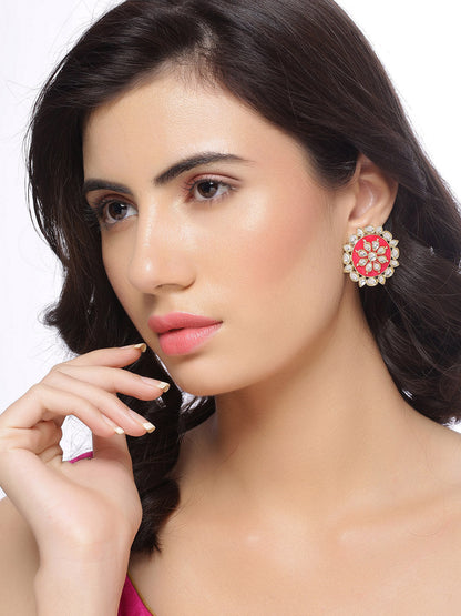 Shoshaa Women Magenta & Gold-Polished Circular Studs