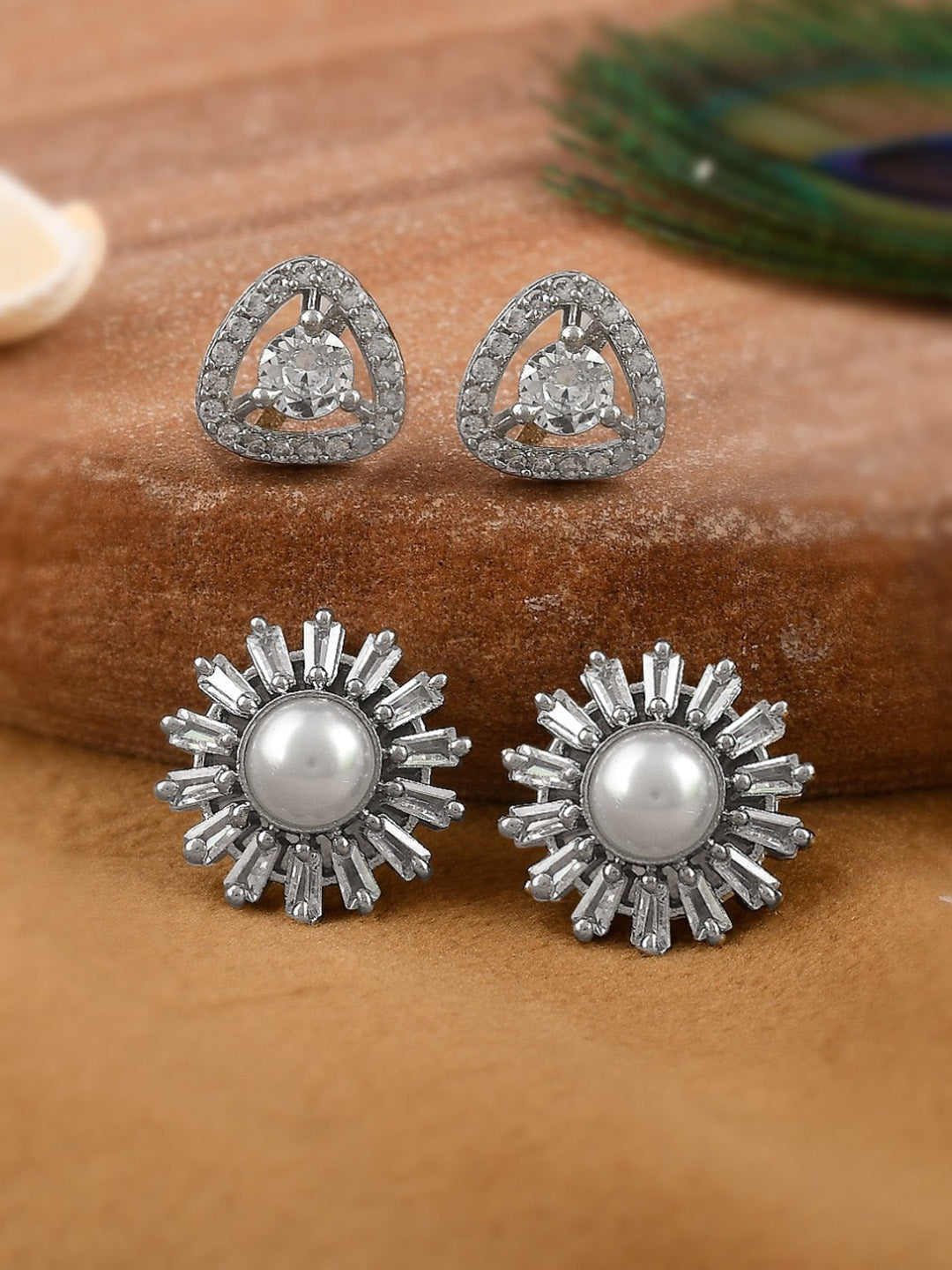 Shoshaa Set of 2 Silver-Toned Ad Stones Contemporary Studs Earrings
