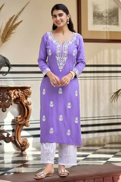 The52 Lavender Women's Gorgeous Chikankari work Pure Rayon Fabric Straight Kurta, Pant Set