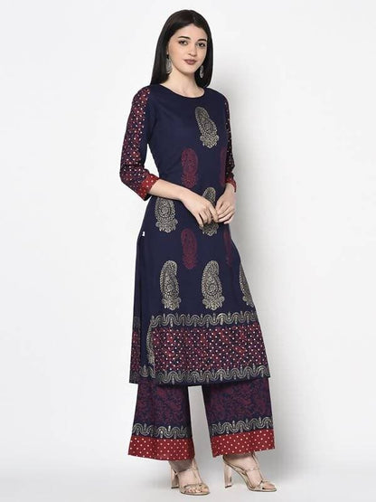 Aniyah Rayon Navy Blue Color Block Print Straight Kurta Palazzo Set (AN-179K)