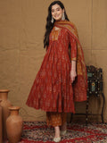Sangria Ethnic Motifs Printed Pleated Pure Cotton Anarkali Kurta with Palazzos & Dupatta