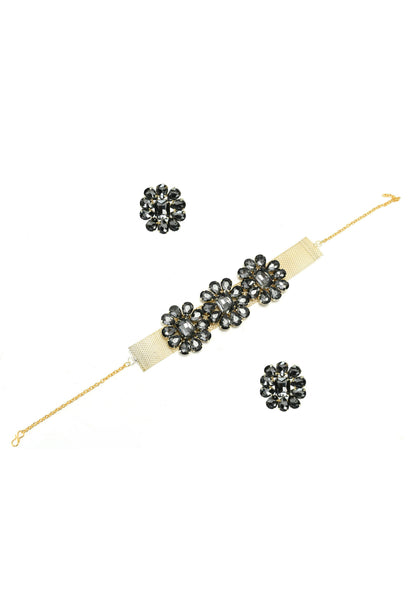 Mominos Fashion Joharkamal Gold-Polished Brass Finish Stone Choker For Women & Girls (Grey)