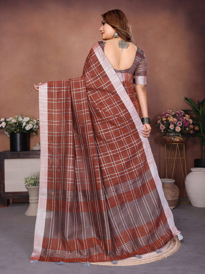 Anaita Brown Weaving Linen Cotton Saree With Blouse