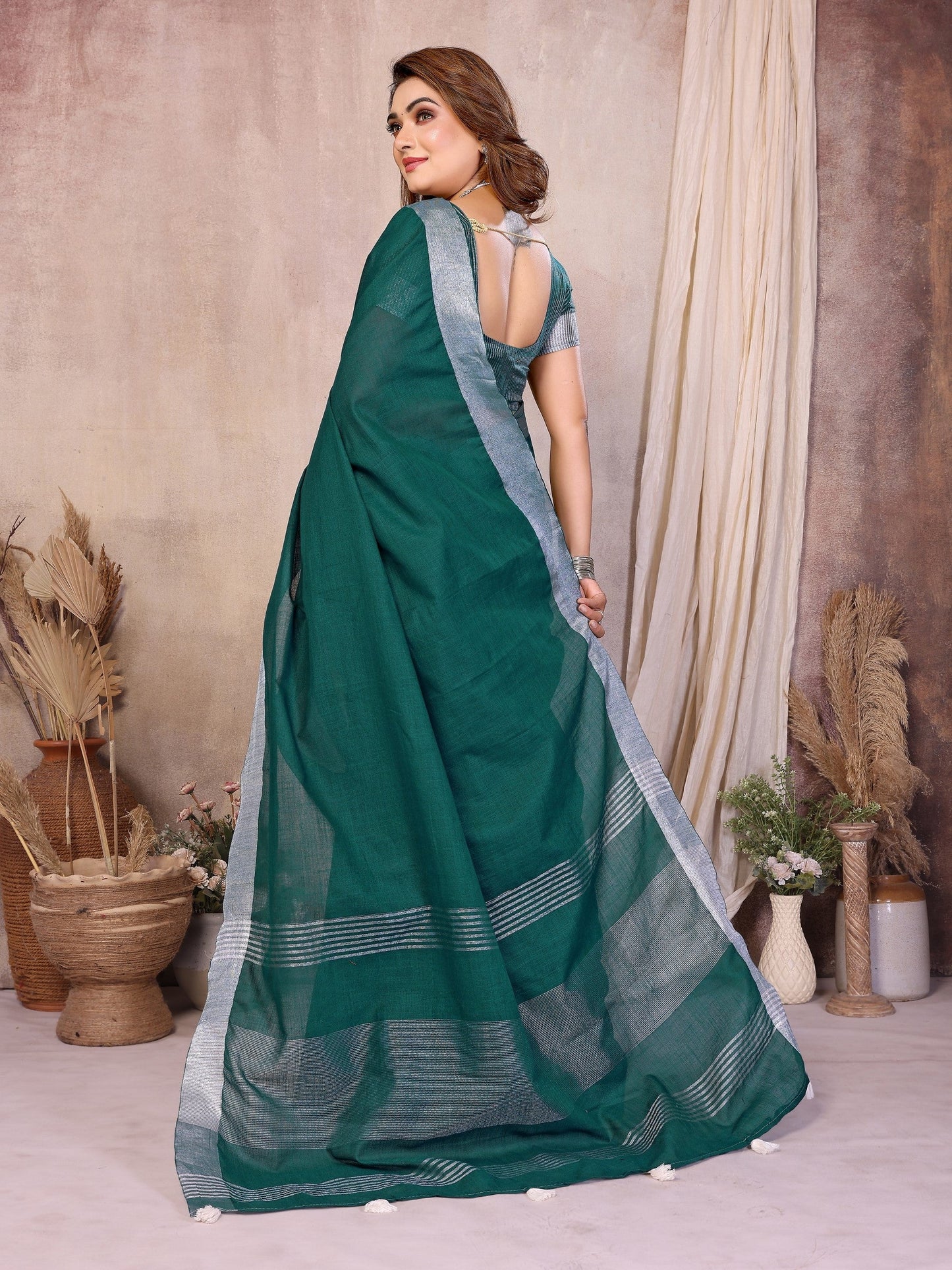 Anaita Green Weaving Linen Cotton Saree With Blouse