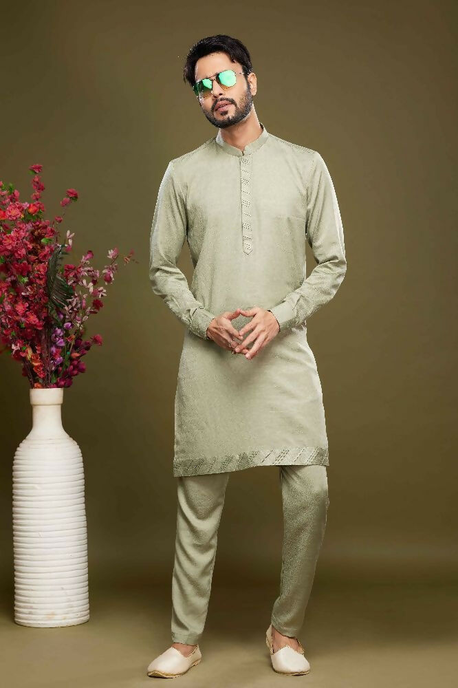 Raivat Ethnic Art Banarasi Silk Thread Work Kurta Pajama In Pista Green Colour