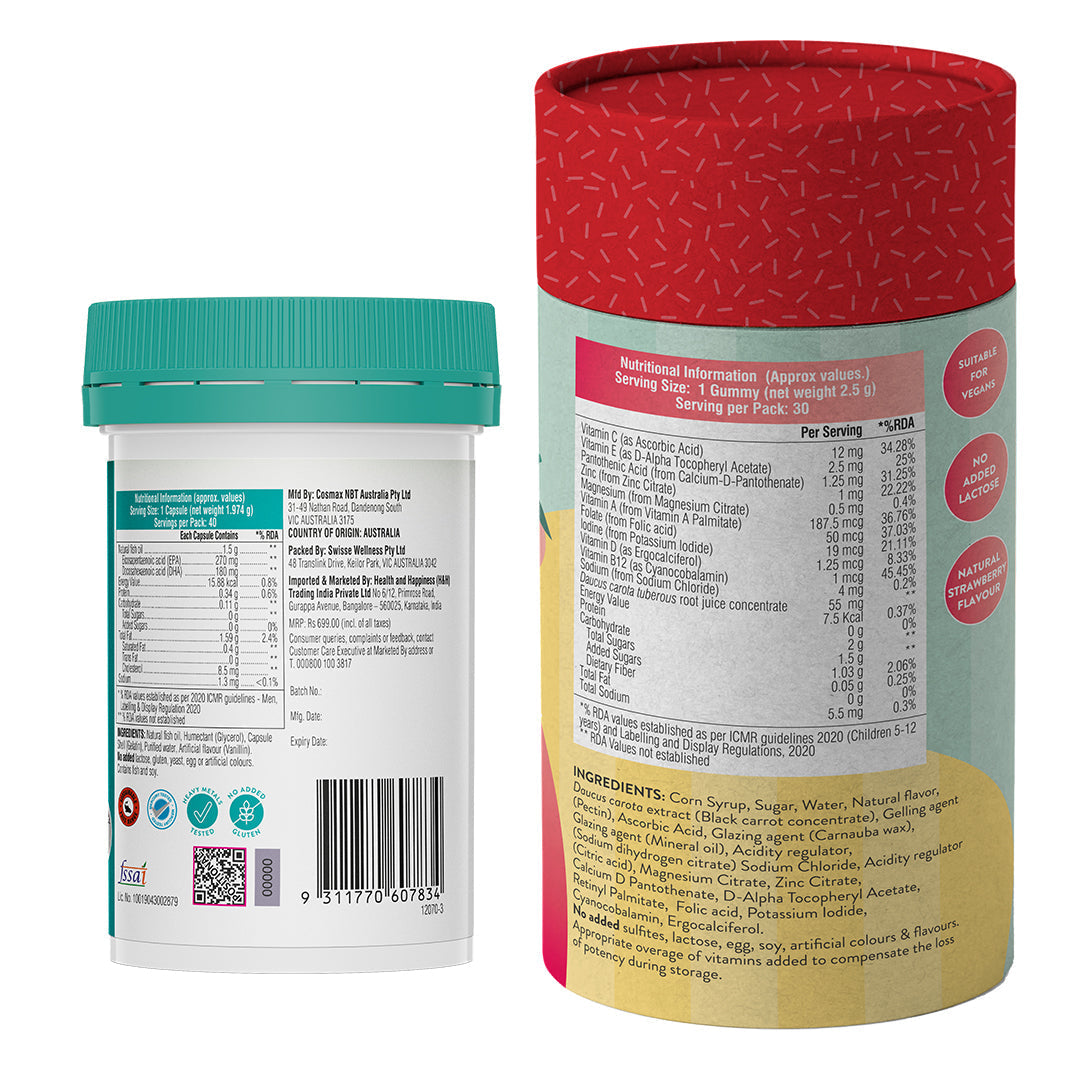 Swisse Fish Oil Omega 3 - 1500mg & SwisseMe Kids Multivitamin Gummies Combo