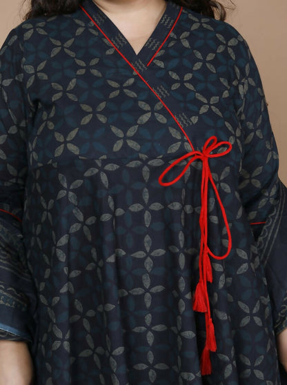 Miravan Women's Plus Size Navy Blue Printed Angrakha Kurta