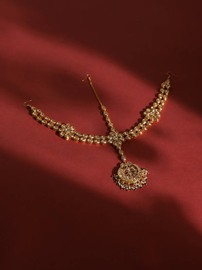 Gold-Polished White Kundan-Studded Pearl Beaded Matha Patti - Ruby Raang