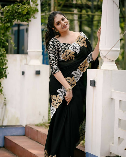 Vastranavya Satin Chiffon Silk Beautiful Designer Zari Thread Embroidery work of Leaf Design with Cutwork Border Saree with Blouse Material - Black