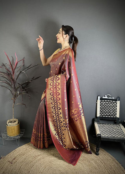 Elora Wine Banarasi Soft Silk Checked Body With Floral Motifs South Pattu Saree