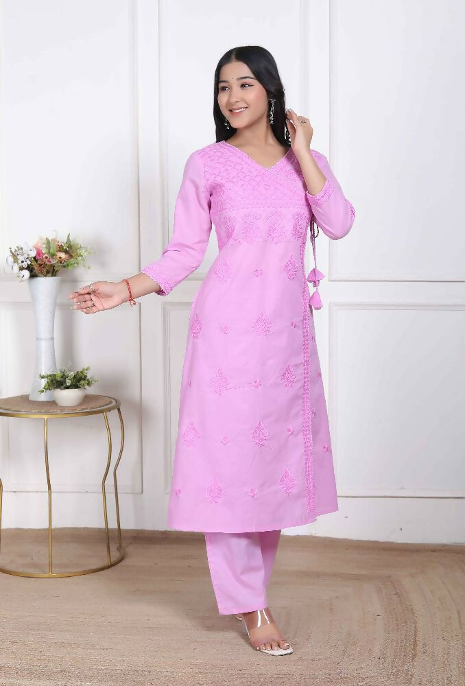 Miravan Womens Pink Lucknowi Angrakha Style Kurta With Palazzo