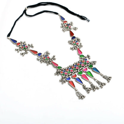Mominos Fashion Johar Kamal Oxidised Silver-Plated Meenakari Multi Long Necklace Set For Women