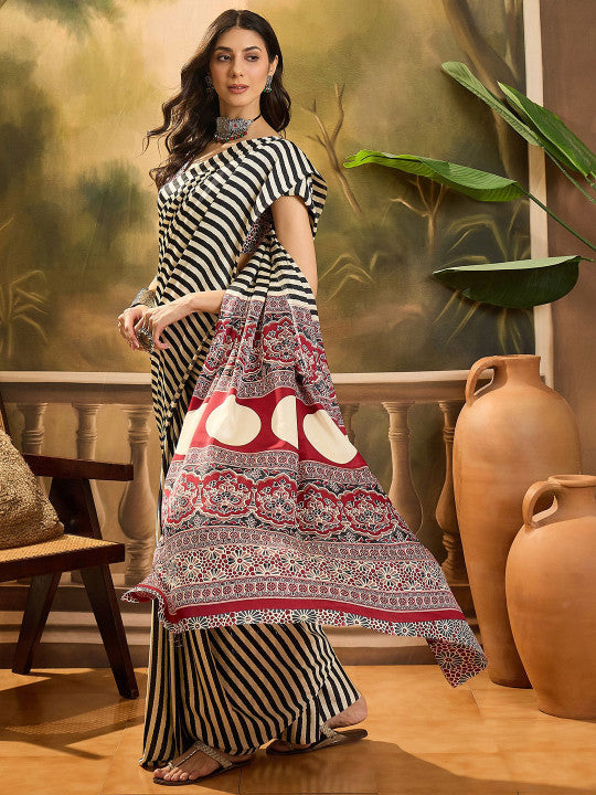 Sangria Striped Printed Saree With Blouse Piece