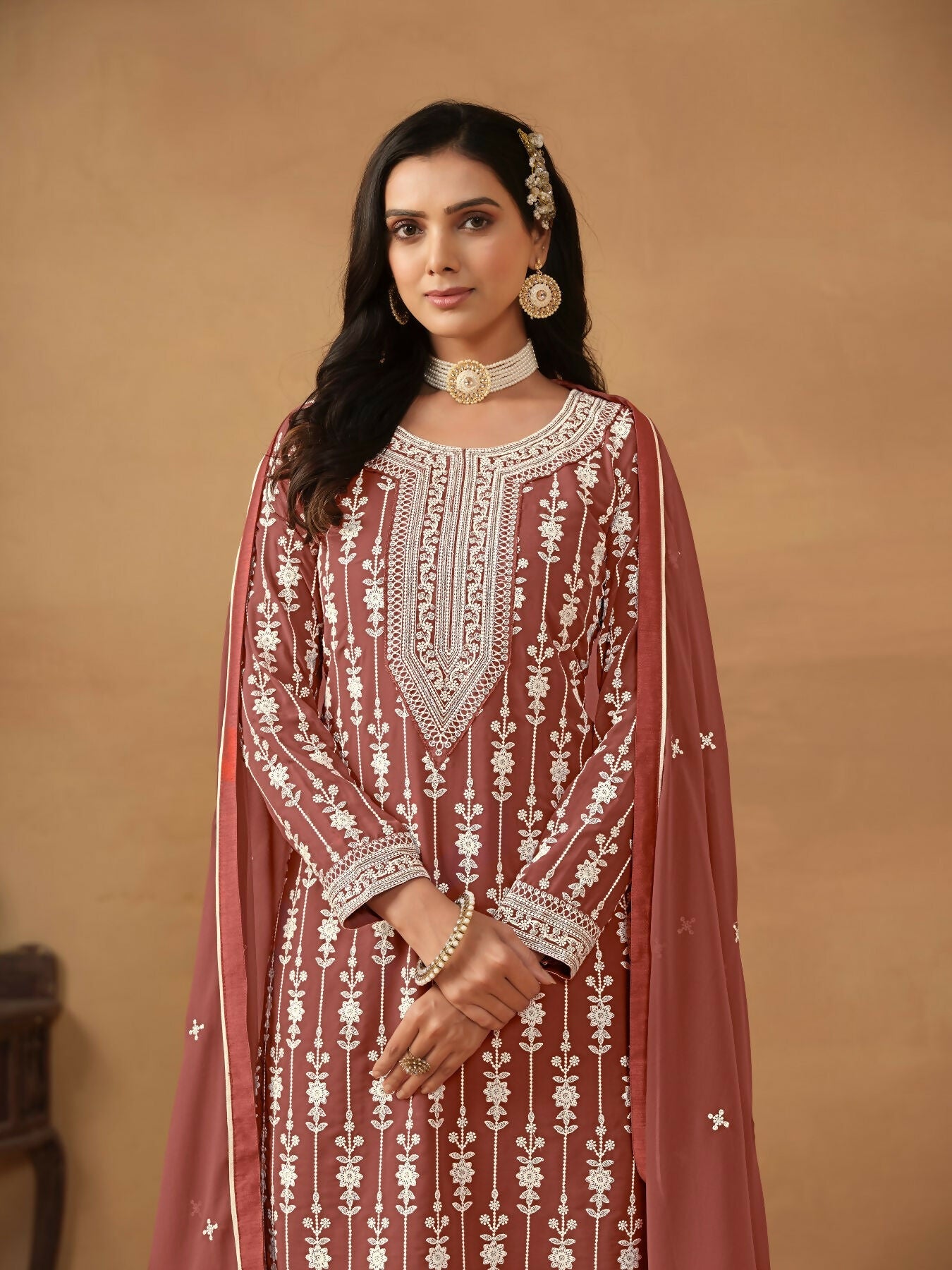 Anaita Brown Embroidered Faux Georgette Salwar Suit