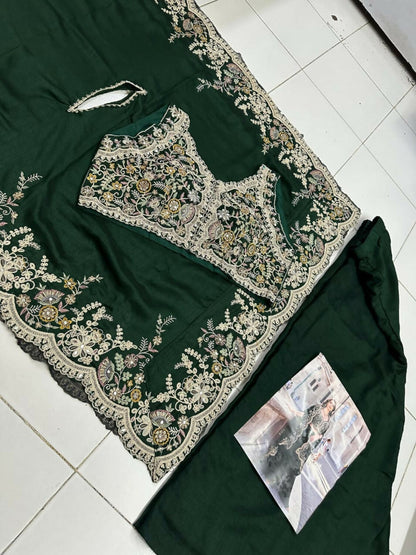 Anaita Green Real Premium Silk Stitched Shrug Suit with Embroidery Work