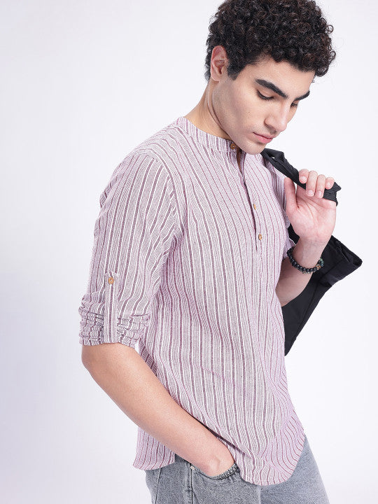 Anouk Rustic Band Collar Woven Design Striped Roll-Up Sleeves Kurta