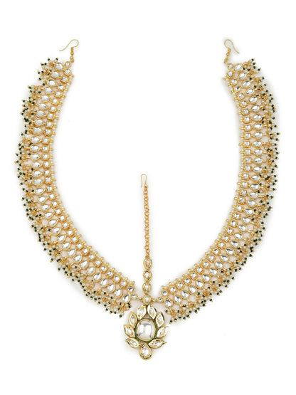 Gold-Polished Green White Kundan-Studded Beaded Matha Patti - Ruby Raang