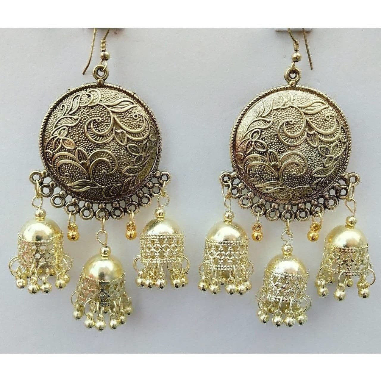 MS Fashion India Gold-Polished Triple Jhumka Round Shape Chandbali Earrings