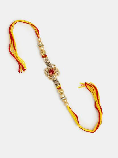 NVR Women & Men Set of 2 Red & Gold-Toned Stone-Studded Bhaiya Bhabhi Rakhi With Roli Chawal & Chocolate