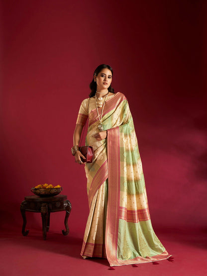 Joban Fashion Cream & Sea Green Plain With Weaving Border Banarasi Silk Sarees