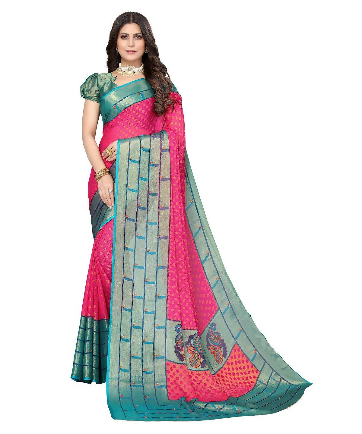 Vamika Pink Chiffon Brasso Bollywood Style Woven Saree (DIMPLE PINK)