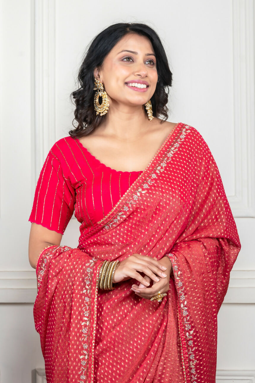 Morchari Pink Pure Chiffon Hand Embroidery Saree And Stitched Blouse